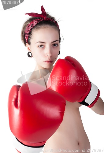 Image of Beautiful nude girl with frecles in boxing gloves