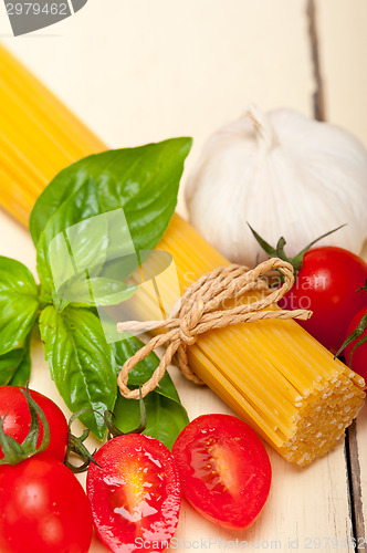 Image of Italian spaghetti pasta tomato and basil