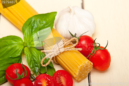 Image of Italian spaghetti pasta tomato and basil