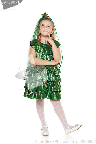 Image of Pensive Girl in Christmas tree costume