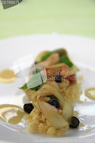 Image of rhubarb desert with blueberries