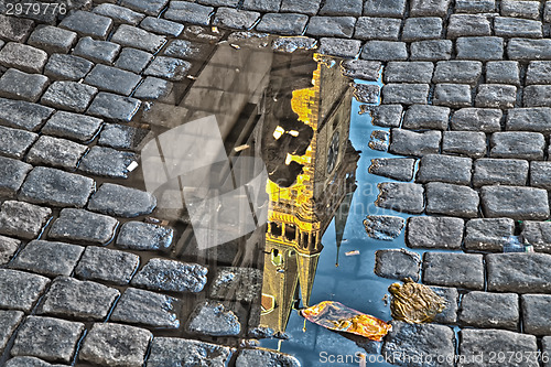 Image of Astronomical clock in Prague in puddle