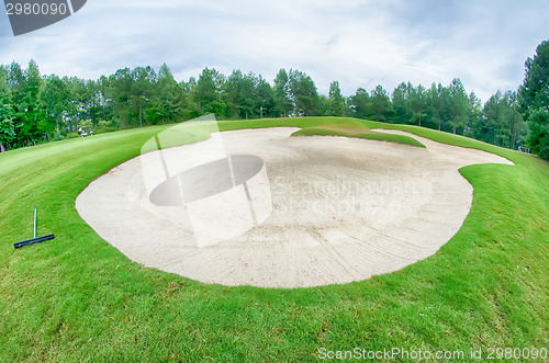 Image of green grass of the golf course surrounded by autumnal forest