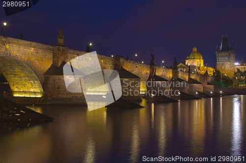 Image of Night view of Charles Bridge and Vltava