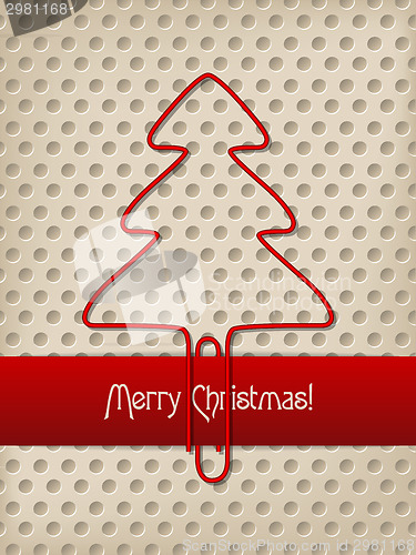 Image of Christmas greeting with red ribbon and tree shaped paper clip