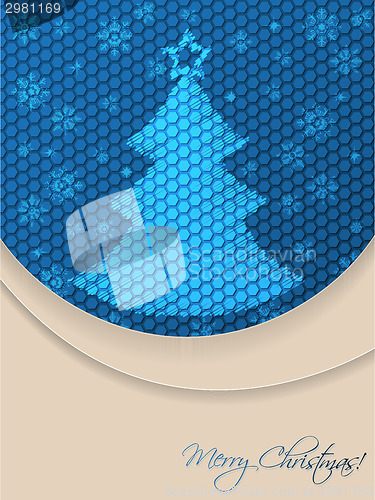 Image of Blue christmas greeting card with scribbled tree and hexagon bac