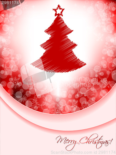 Image of Red christmas greeting card with scribbled tree and bubble backg