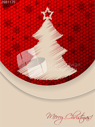 Image of Red christmas greeting card with scribbled tree and hexagon back