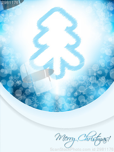 Image of Blue christmas greeting card with scribbled tree and bubble back