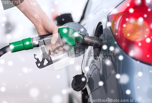 Image of close up of male hand fuel nozzle in car tank