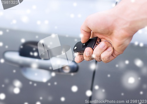 Image of close up of man with car key outdoors