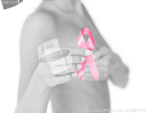 Image of hand holding pink breast cancer awareness ribbon