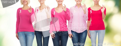 Image of close up of women with cancer awareness ribbons