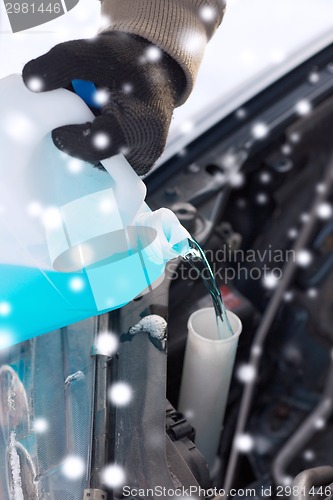 Image of closeup of man pouring antifreeze into car