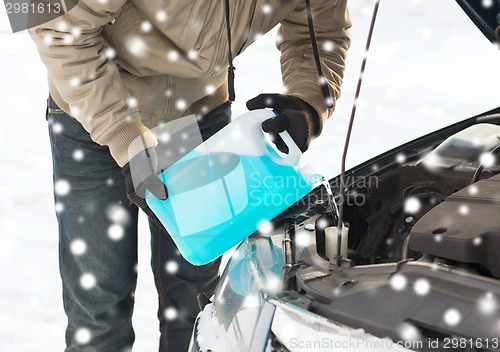 Image of closeup of man pouring antifreeze into car