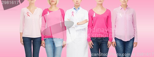 Image of close up of women with cancer awareness ribbons