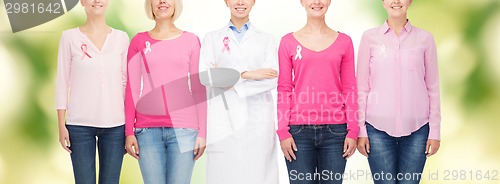 Image of close up of women with cancer awareness ribbons