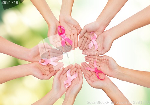 Image of close up of hands with cancer awareness symbol