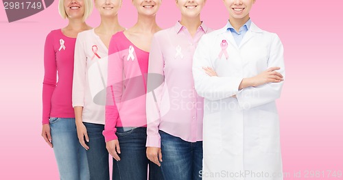 Image of close up of women with cancer awareness ribbons