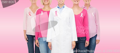 Image of close up of women with cancer awareness ribbons