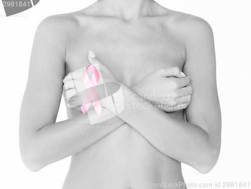 Image of naked woman with breast cancer awareness ribbon