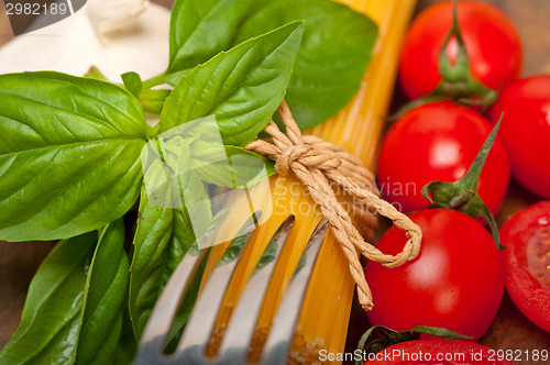 Image of Italian spaghetti pasta tomato and basil