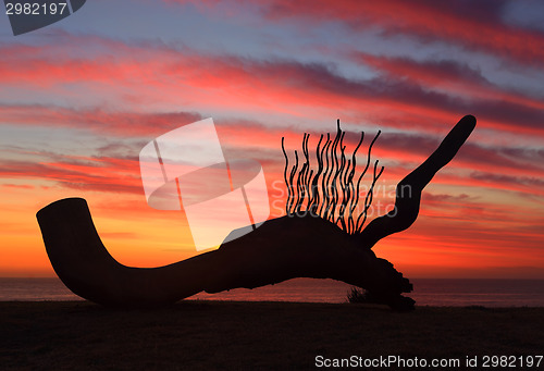 Image of Sculpture by the Sea - Currawong silhouetted against sunrise sky