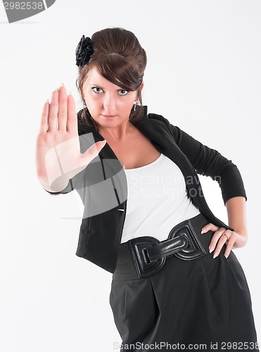 Image of Attractive lady making stop gesture