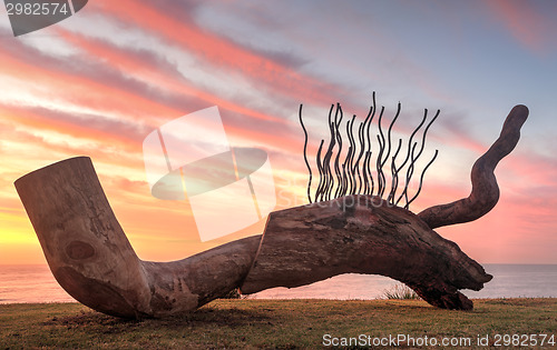 Image of Sculpture titled Currawong, showing details hardwoods against su