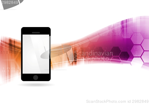 Image of Technology bright waves abstract background with mobile phone