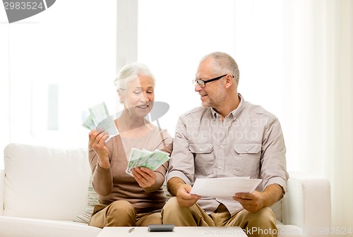 Image of senior couple with money and calculator at home