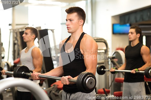 Image of group of men with barbells in gym