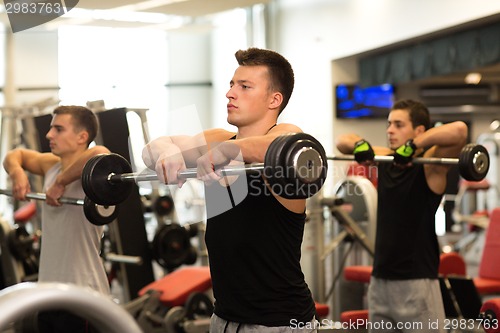 Image of group of men with barbells in gym