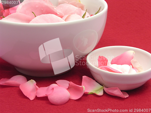 Image of Pink roses and cream in  white bowls of chinaware on red background