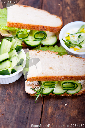 Image of fresh vegetarian sandwich with garlic cheese dip salad