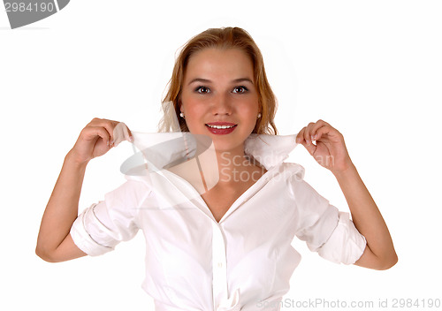 Image of Blond woman holding collar.