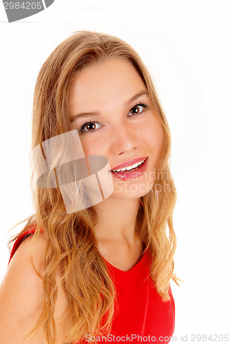 Image of Portrait of woman in red dress.