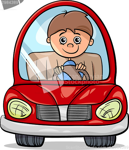 Image of boy in car cartoon illustration