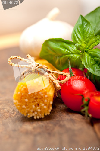 Image of Italian spaghetti pasta tomato and basil