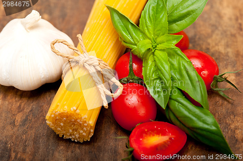 Image of Italian spaghetti pasta tomato and basil