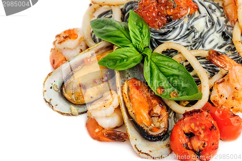 Image of Black Pasta with sea food and basil