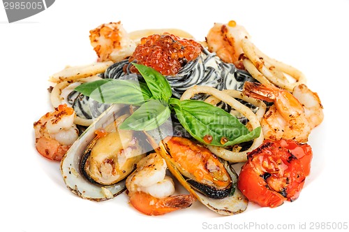 Image of Black Pasta with sea food and basil