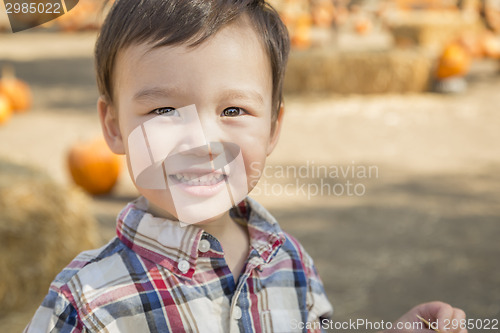 Image of Mixed Race Young Boy Having Fun at the Pumpkin Patch