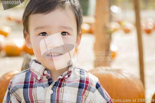 Image of Mixed Race Young Boy Having Fun at the Pumpkin Patch