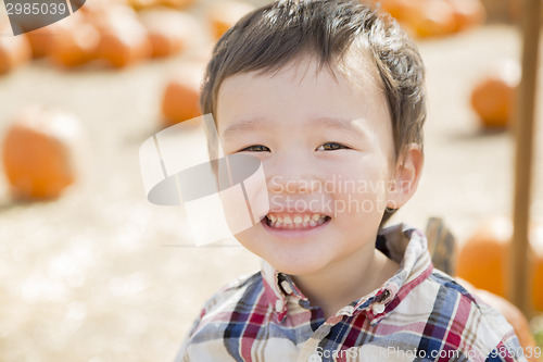 Image of Mixed Race Young Boy Having Fun at the Pumpkin Patch