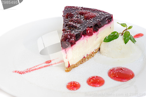 Image of cherry cheesecake on white background