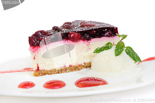 Image of cherry cheesecake on white background