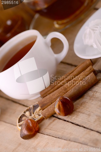 Image of hot tea with lemon and cinnamon on wooden backgroubd