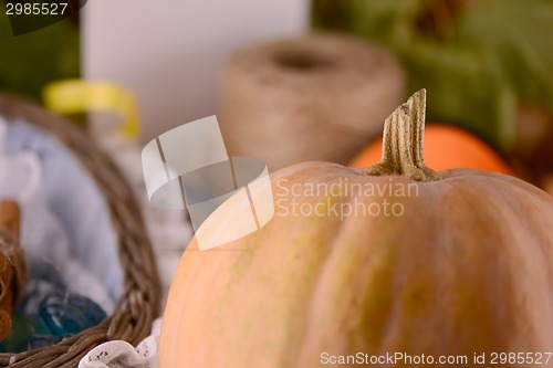 Image of autumn background with pumpkin on wooden board