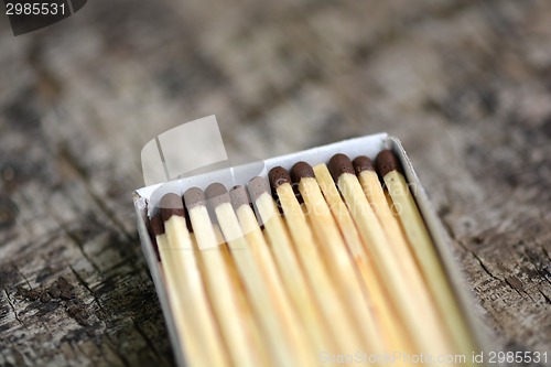 Image of wooden matches in a box, close up